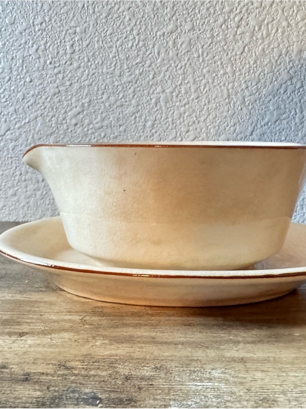 Vintage Cream Glaze Gravy Boat & Underplate | Brown Trim - Picture 2 of 14